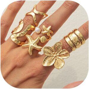 Women Gold Rings Set Stackable Knuckle Flower Pearl Chunky Statement Fashion